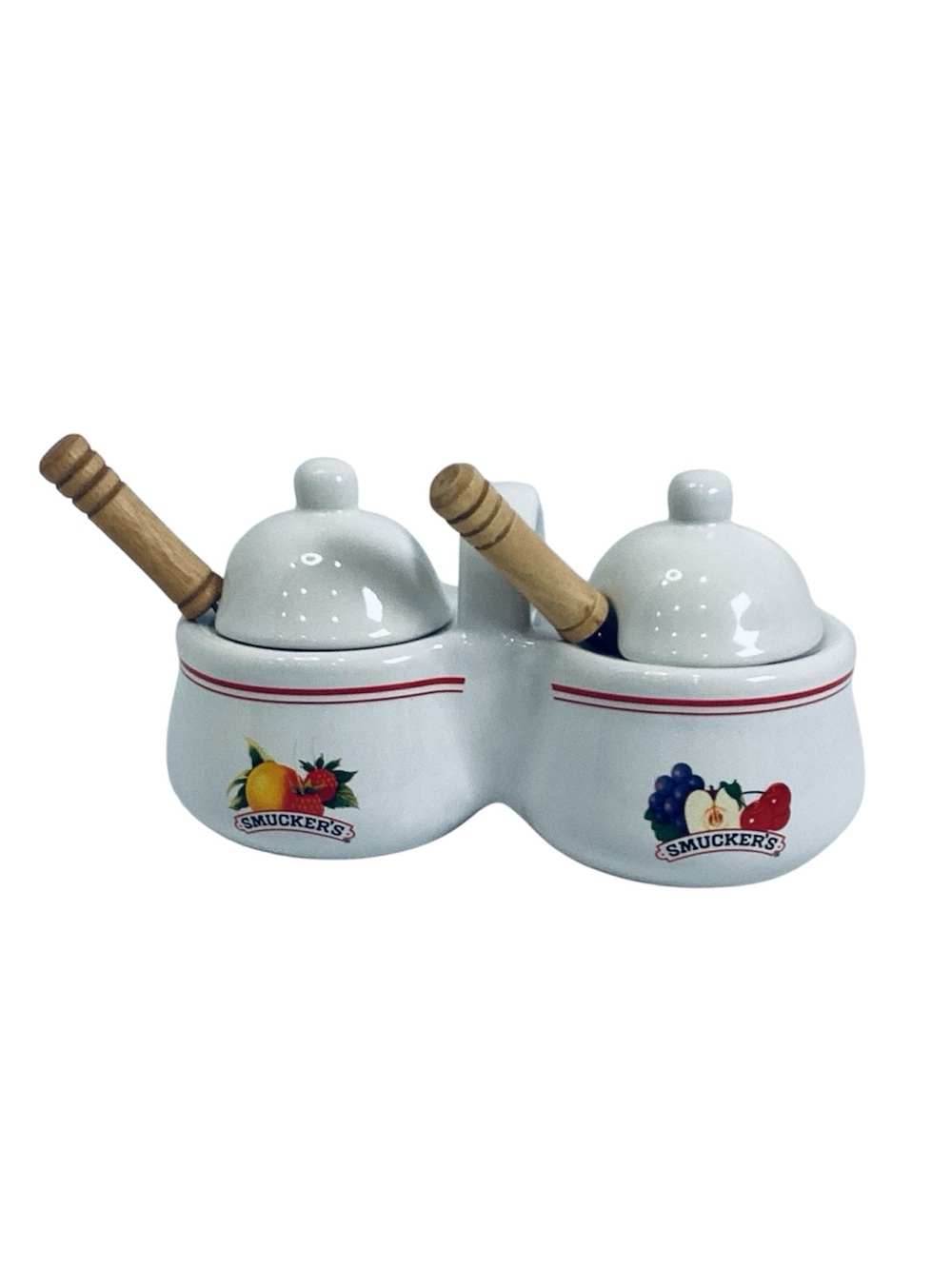 🍄 Smucker's Double Jam Pot Set with Wooden Spreaders - White with Fruit Decals